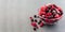 Banner with frozen berries in a glass bowl, raspberry, strawberry, cranberry and black currant, horizontal, copy space