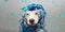 Banner funny dog party. Puppy celebrating birthday, anniversary, carnival or new year with a blue ribbon on head and serpentine.