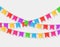 Banner with garland of colour festival flags and ribbons, bunting isolated on white background. Decoration, symbols for celebrate