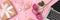 Banner with gift, laptop, rose flowers, feminine cosmetics and accessories