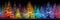 Banner of glowing multicolor christmas trees isolated on dark background and glowing, lights.