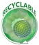 Banner in green with globe on green star shape with round arrow, symbol for recyclable product
