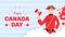 Banner greeting canada day, character canadian ranger with balloon