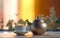 Banner of grey cup with teapot. tea into pot on saucer in soft focus on blurred background