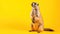 banner for Groundhog Day. Cute, marmot, rodent stands on a yellow studio background with space for your text