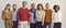 Banner with group of confident diverse people in comfortable casual wear standing in studio