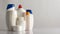 Banner Hair and body care cosmetics white bottles on white background Copy space selective focus