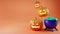 Banner for Halloween, 3d rendering. Happy background with pumpkins and a witch`s cauldron with green bubbling liquid.