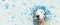 Banner happy dog present for new year, carnival,  christmas, birthday or anniversary, wearing a blue serpentines on head. isolated