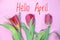 Banner hello april. Hi spring. The second month of spring. Welcome card