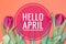 Banner hello april. Hi spring. The second month of spring. Welcome card