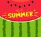 Banner Hello summer. Text on the red texture of a juicy watermelon with seeds.