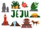 Banner with image of the main attractions of the korean island Jeju. Mountaine, lighthouse, village