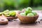 Banner ingredients for tincture of green walnuts in a wooden ecological plate without chemicals. zero waste. Still life of nuts,