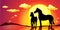 Banner landscape with horses in sunset - vector