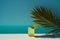 Banner. Lemonade on blue sea background close up. Summer drinks and vacation concept. Sunny day shadows, copy space AI Generation