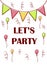 Banner lets party with balloons and decorations cartoon kawaii flat hand drawn isolated on white background