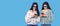 Banner, long format on blue. Online viewing of feature films by the female twins, sisters wearing 3D glasses browsing on