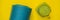 BANNER, LONG FORMAT Everything for sports turquoise, blue shades on a yellow background and spinach smoothies. Yoga mat