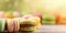 Banner macarons cookies, different colors, blurred background, colourful macaroons bisquits close-up