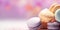 Banner macarons cookies, different colors, blurred background, colourful macaroons bisquits close-up