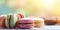 Banner macarons cookies, different colors, blurred background, colourful macaroons bisquits close-up.