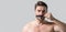 Banner of man with barbers scissors. Man cut hair with hairdressing scissors. Men haircut in barbershop. Barber scissors