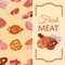 Banner with meat products. Roast chicken and prime rib, sausage, salami and ham, sirlon, bacon, sucuk and smoked meat