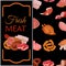 Banner with meat products. Roast chicken and prime rib, sausage, salami and ham, sirlon, bacon, sucuk and smoked meat