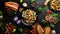 Banner. Meat and vegetable dishes and snacks on black background. Top view.