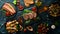 Banner. Meat and vegetable dishes and snacks on black background. Top view.