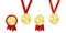 Banner with medals red ribbons. Winner award. Bronze gold. Win prize. Vector illustration. EPS 10.