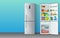 Banner with modern grey chromium-plated fridge freezer closed and opened with colorful food supplies inside: fruits