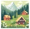 Banner, mountain house in spring, flat illustration vector, spring, mountains,