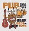 Banner for music beer pub with funny wooden barrel