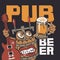 Banner for music beer pub with funny wooden barrel