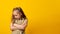 Banner. Negative human emotions, reactions and feelings. Photo of moody displeased angry little girl crossing arms on her chest