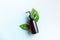 Banner. One cosmetic dark amber glass bottle with green plant on blue background