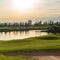 BANNER Orange red dawn sun sky golf pond water reflection hills green fabulous background wallpaper