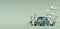 Banner with a passenger blue retro car with a gas bubble, surrounded by flying around auto parts. Isolated on a turquoise backgrou