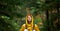Banner portrait tourist woman in yellow jacket at forest, fall weather, calm scene.