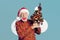 banner poster collage brochure of funny pensioner prepare christmas party hold fir tree gift box on color background