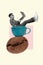 Banner poster collage of young guy worker sit teal colored coffee cup bean enjoy morning energy espresso drink