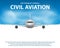 Banner, poster, flyer with Airplane background. Plane in blue sky, civil aviation airliner. Commercial airliner travel