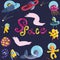 Banner, poster with space creatures, monsters, rockets and space boxes and the inscription cosmos, vector illustration for print