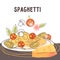 Banner or poster with Spaghetti plate and cheese, flat cartoon vector illustration