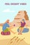 Banner or poster with tourists making desert journey flat vector illustration.