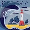 Banner or poster with tsunami natural water disaster, flat vector illustration.