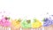 Banner rainbow multicolored cupcakes muffins, sweet whipped cream. Berries, citrus fruits, chocolate, leaf. Hand drawn