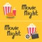 Banner set. Movie reel Open clapper board Popcorn Cinema icon collection. Movie night text. Flat design style. Yellow background.